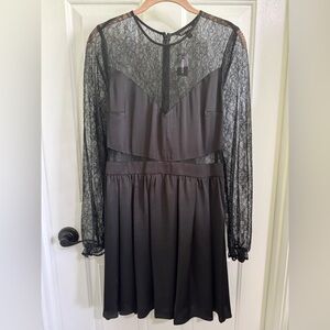 Express Black Satin & Lace Long Sleeve Lace Dress